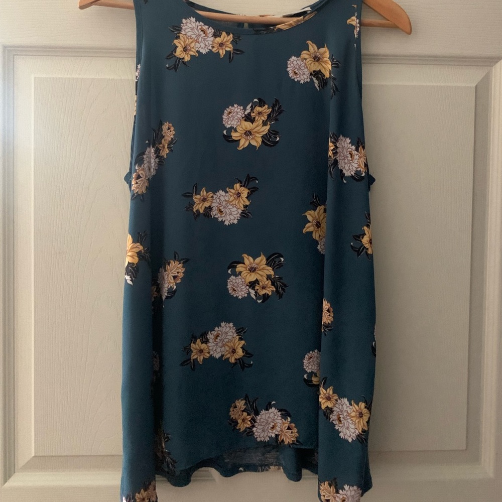 LOFT, teal floral sleeveless top, large